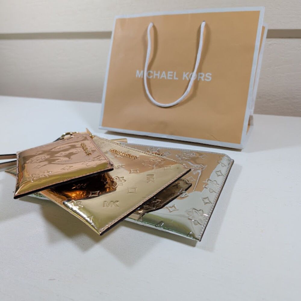 Michael Kors Jet Set Travel 3 Pc Wristlet Trio Pale Gold Multi NWT Metallic